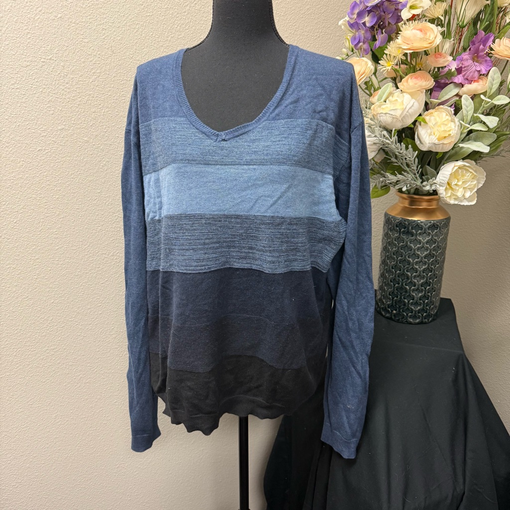 Calvin Klein Ombre Stripe Sweater Blue Black Gradient Long Sleeve Womenâs Large